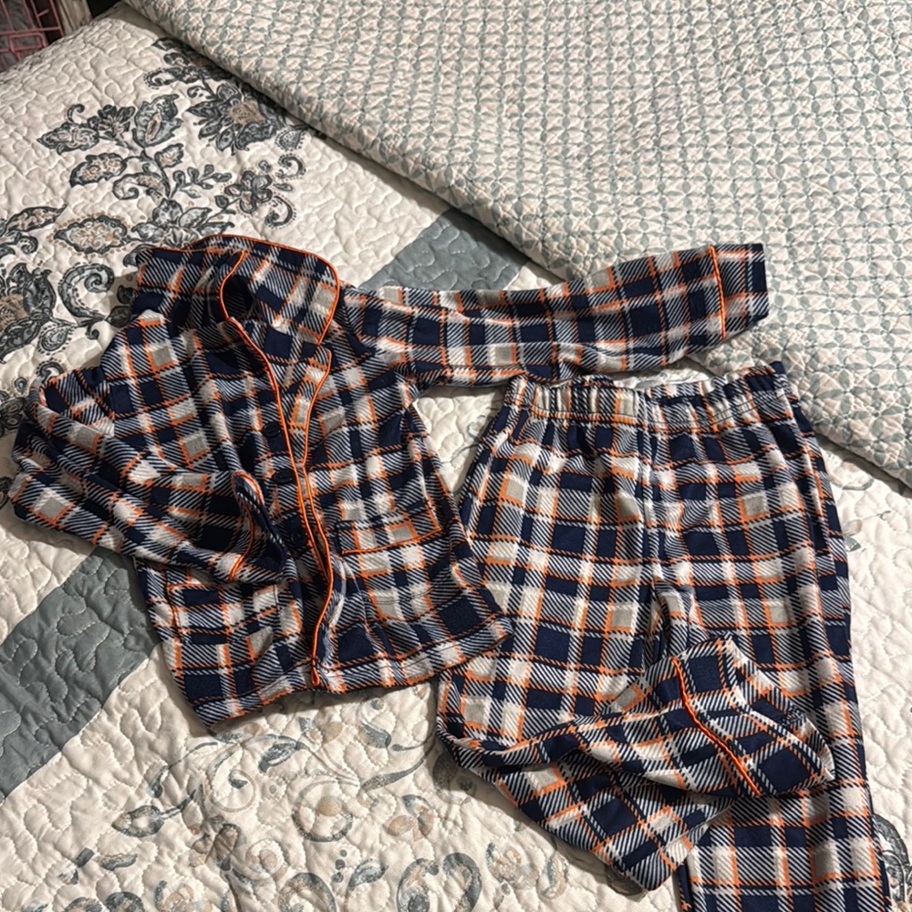 Plaid Kids Pajamas - Navy and Orange